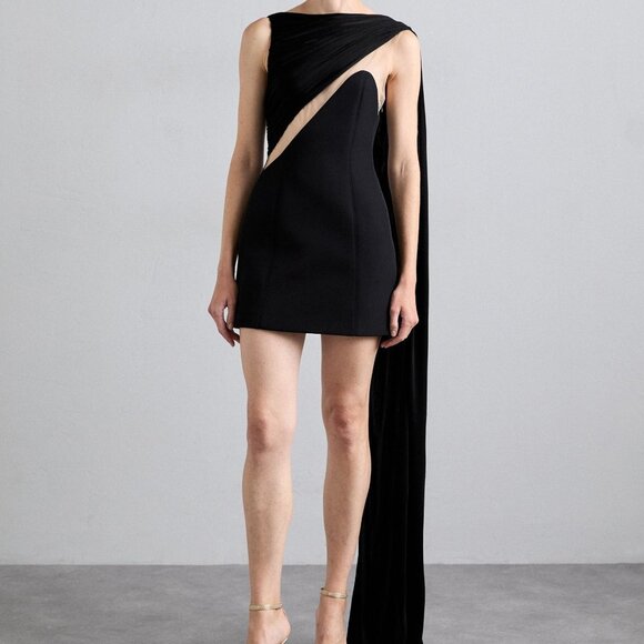 New David Koma Draped Chest Mini Dress in Black cutout mesh with cape - Picture 2 of 10